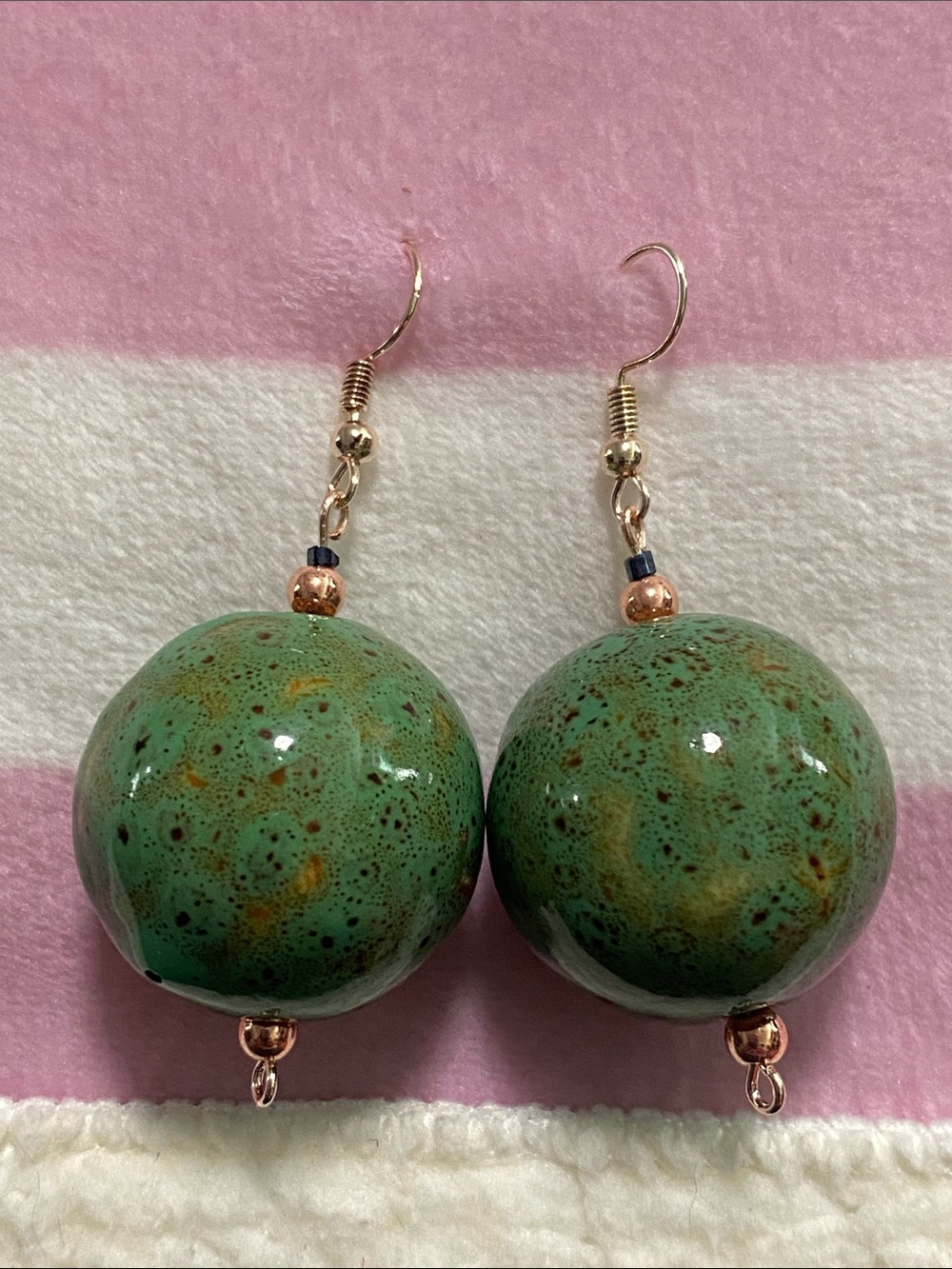 Green Ceramic Sphere Drop Earrings with Gold-Tone Accents